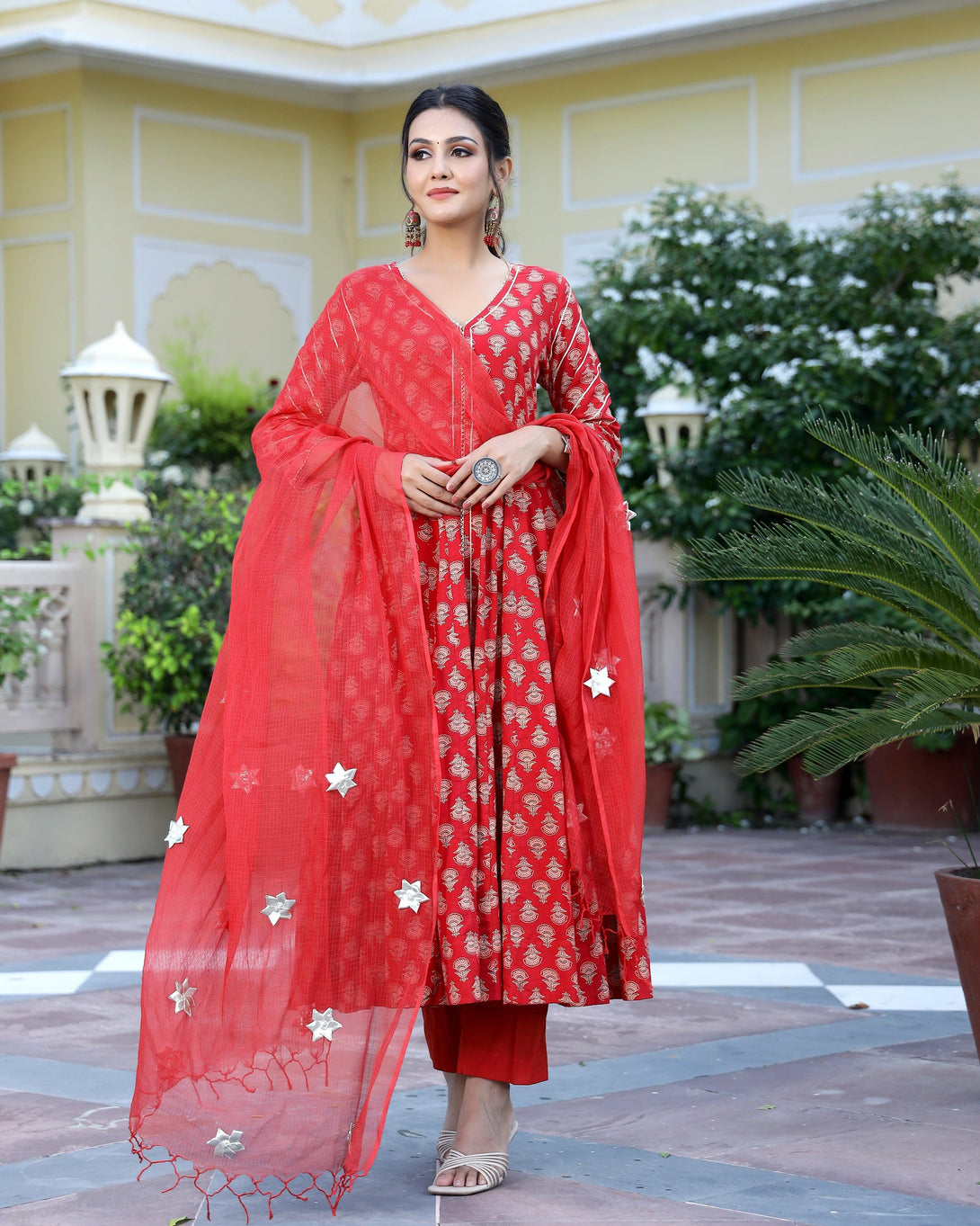 Women's Red Anarkali Suit Set with Pants & Dupatta by Baisacraft- (3pcs set) - Indiakreations