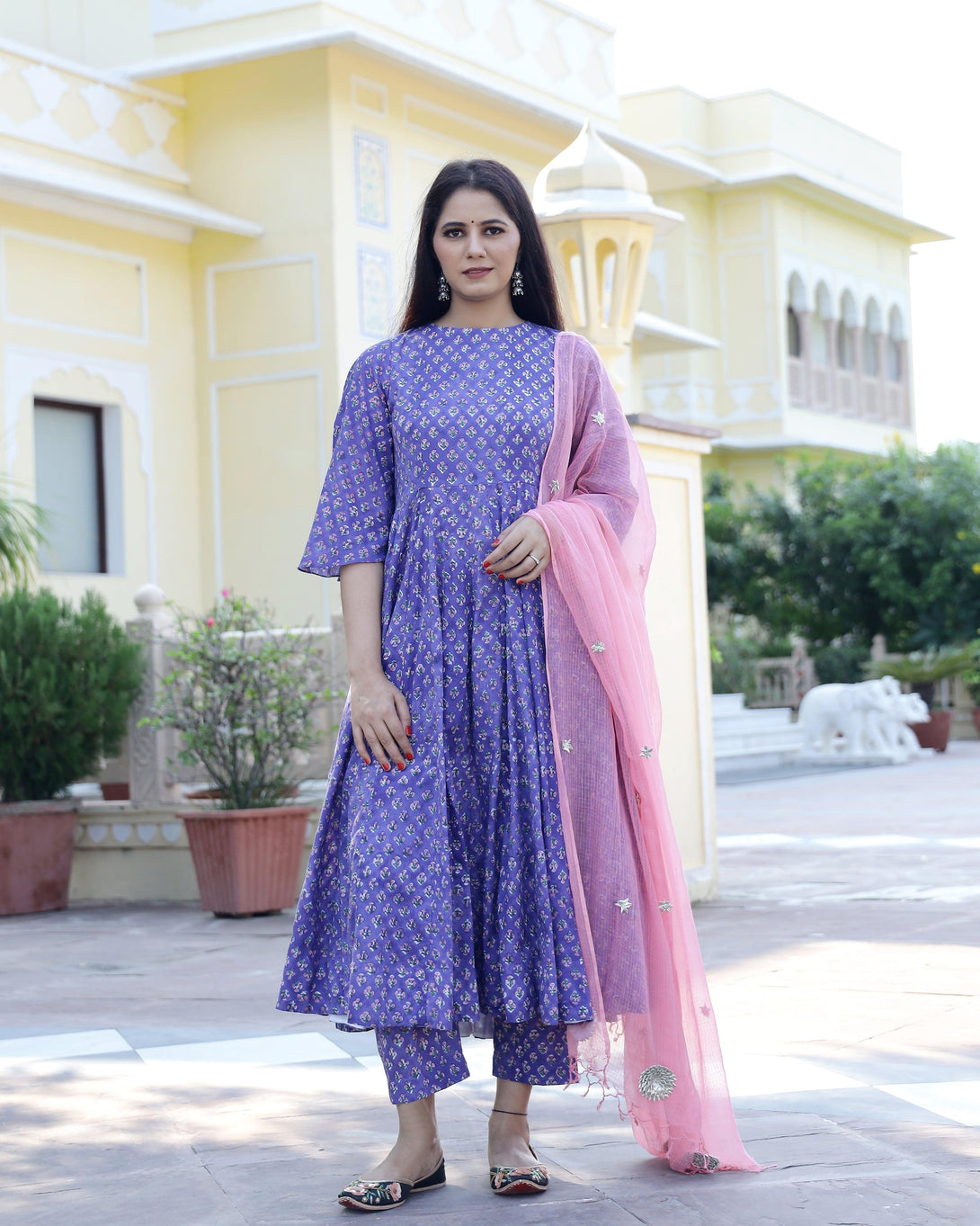 Women's Lilac Hand Block Printed Anarkali Suit Set (Set of 3) - Baisacraft - Indiakreations