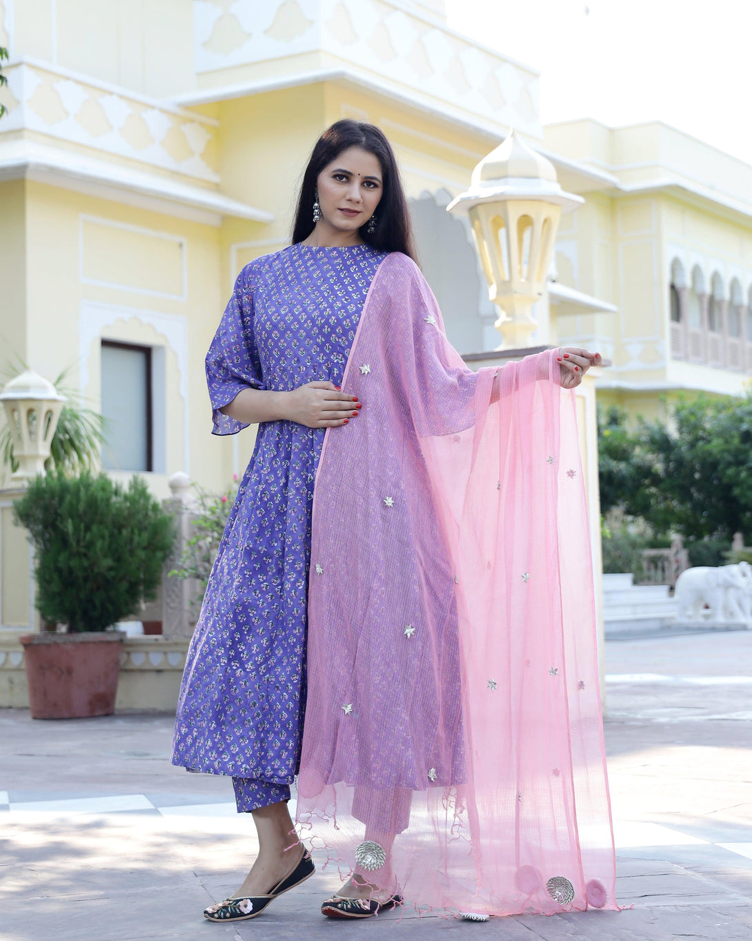 Women's Lilac Hand Block Printed Anarkali Suit Set (Set of 3) - Baisacraft - Indiakreations