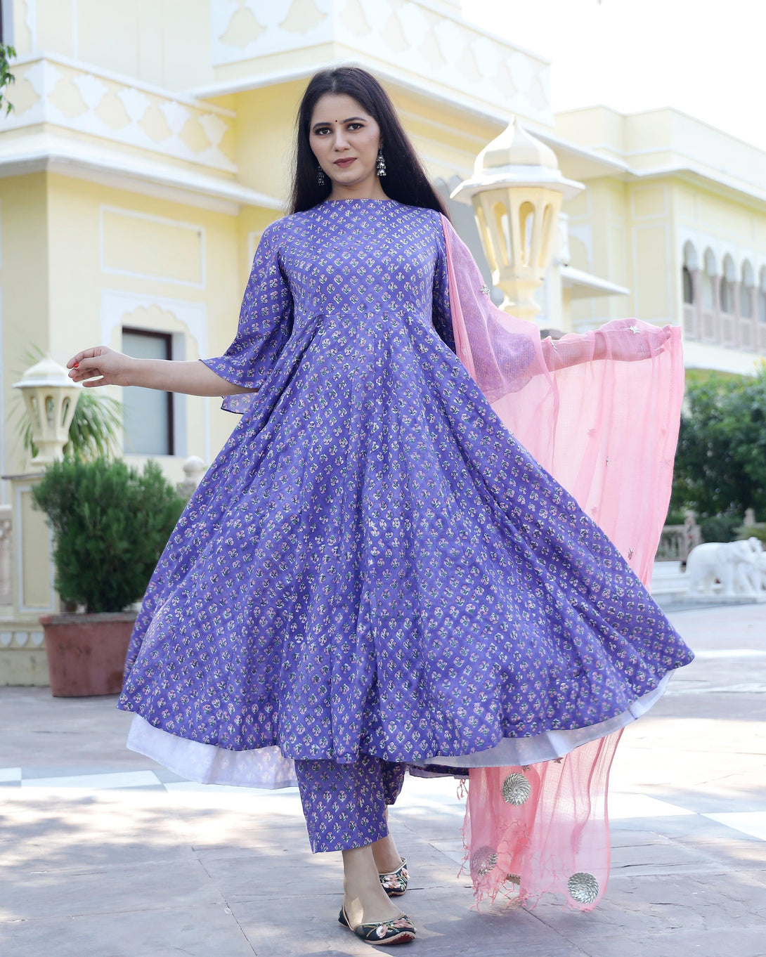 Women's Lilac Hand Block Printed Anarkali Suit Set (Set of 3) - Baisacraft - Indiakreations