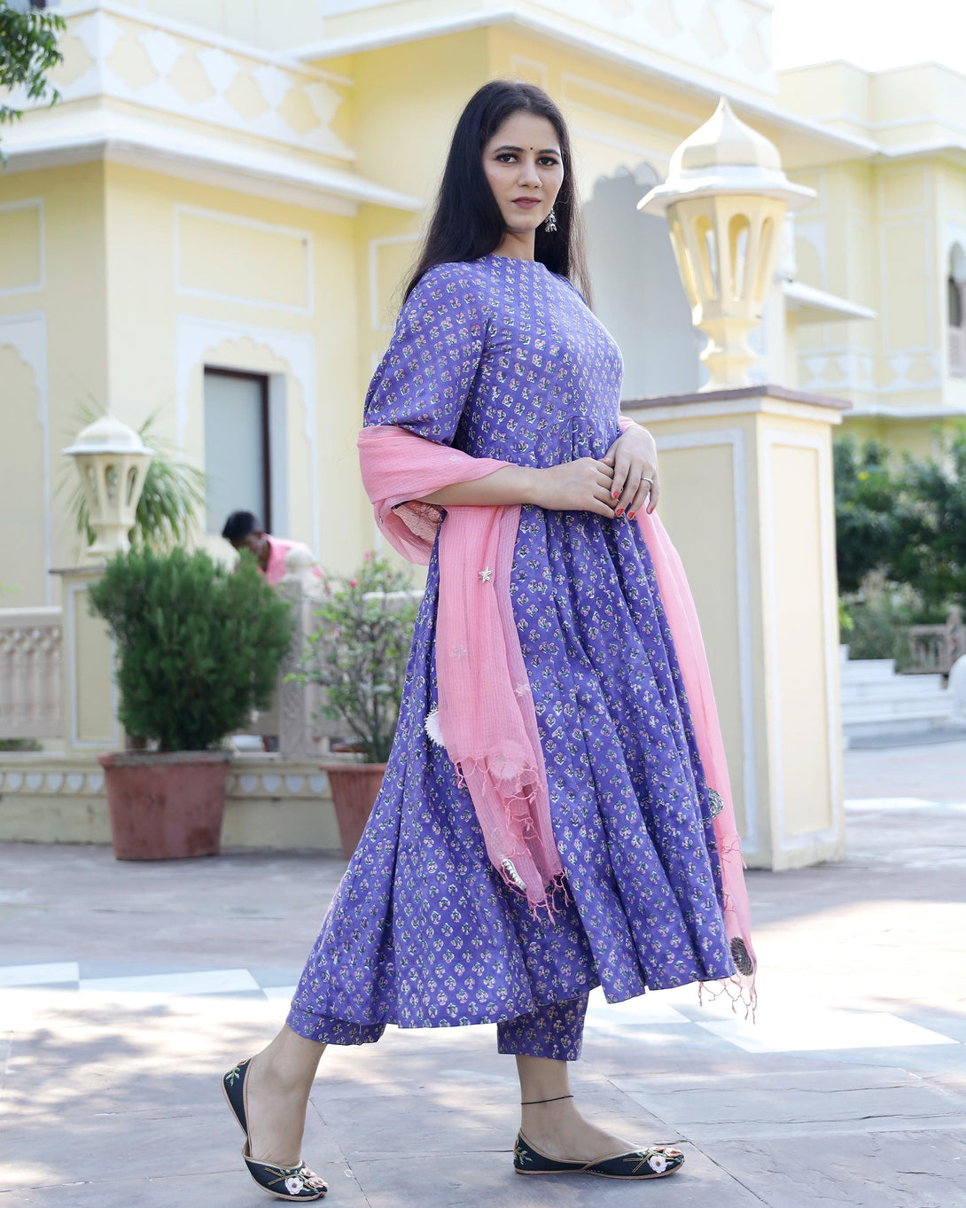 Women's Lilac Hand Block Printed Anarkali Suit Set (Set of 3) - Baisacraft - Indiakreations