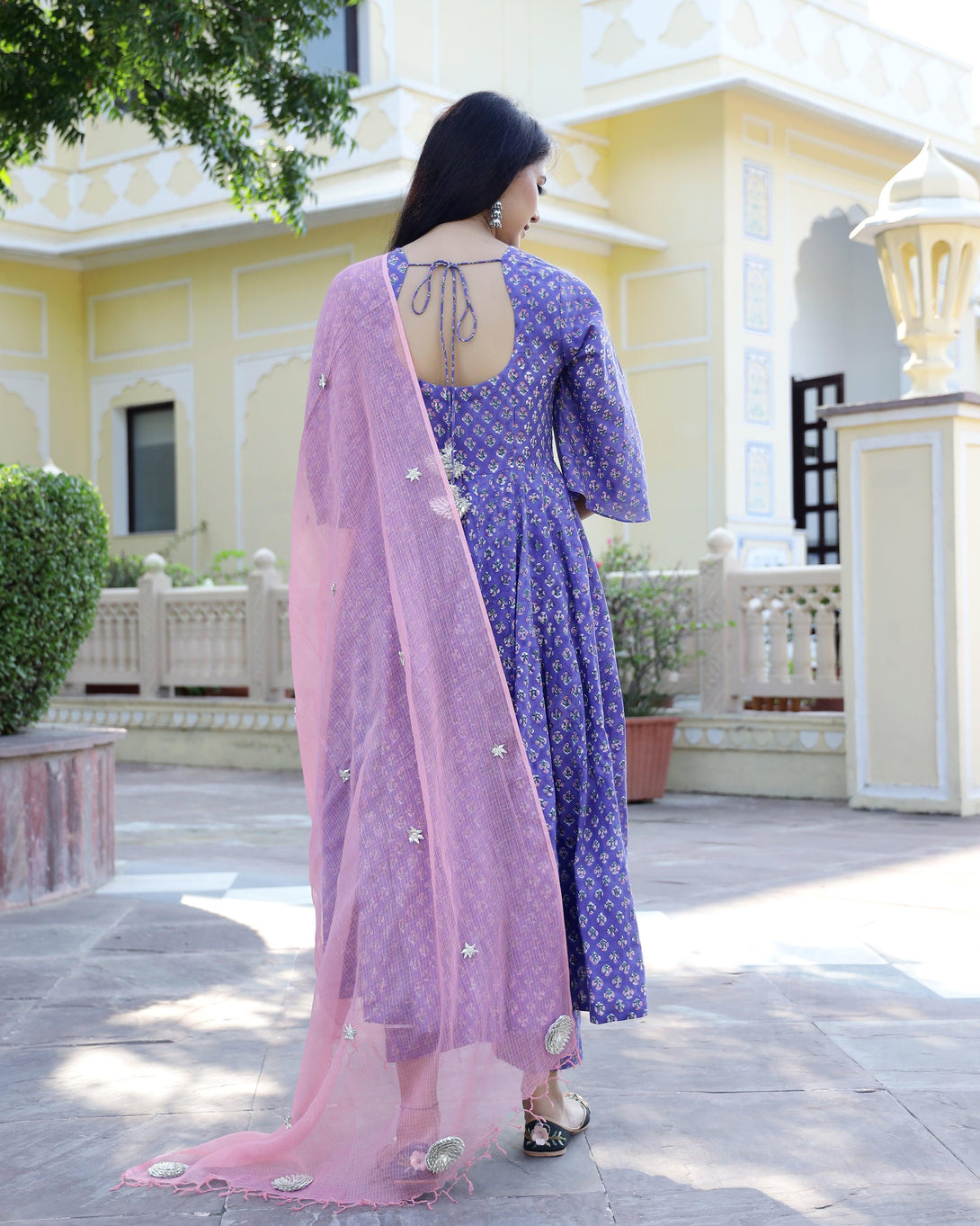 Women's Lilac Hand Block Printed Anarkali Suit Set (Set of 3) - Baisacraft - Indiakreations