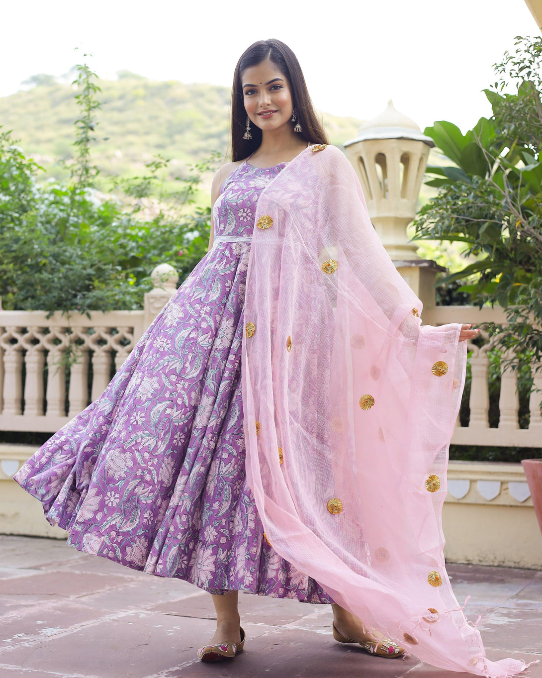 Women's Lavender Hand Block Printed Anarkali Suit Set (Set of 3) - Baisacraft - Indiakreations