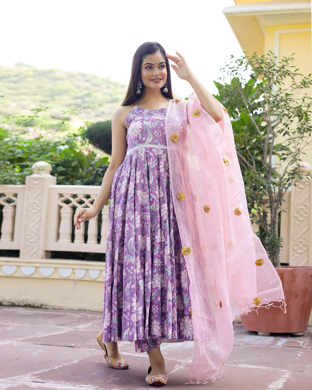 Women's Lavender Hand Block Printed Anarkali Suit Set (Set of 3) - Baisacraft - Indiakreations