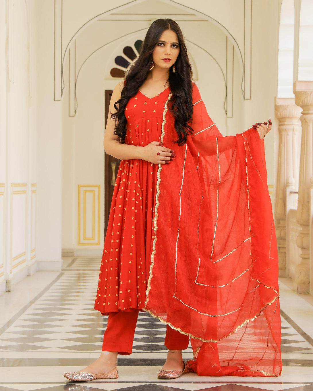 Women's Red Anarkali Suit set with Pants & Dupatta by Baisacrafts- (3pcs set) - Indiakreations