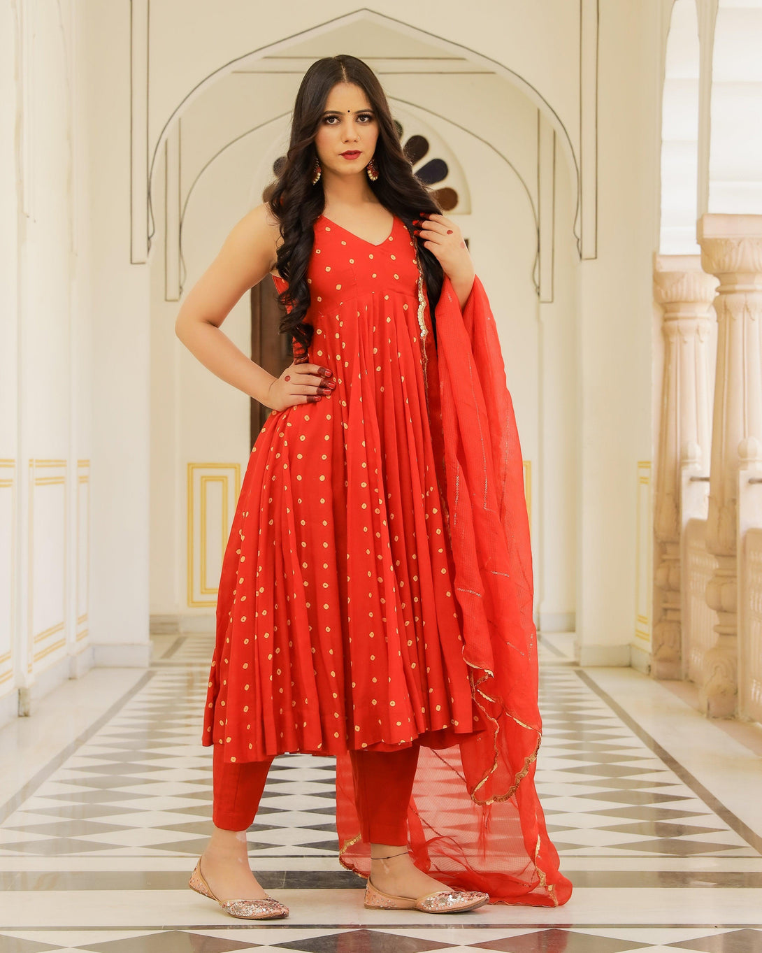 Women's Red Anarkali Suit set with Pants & Dupatta by Baisacrafts- (3pcs set) - Indiakreations