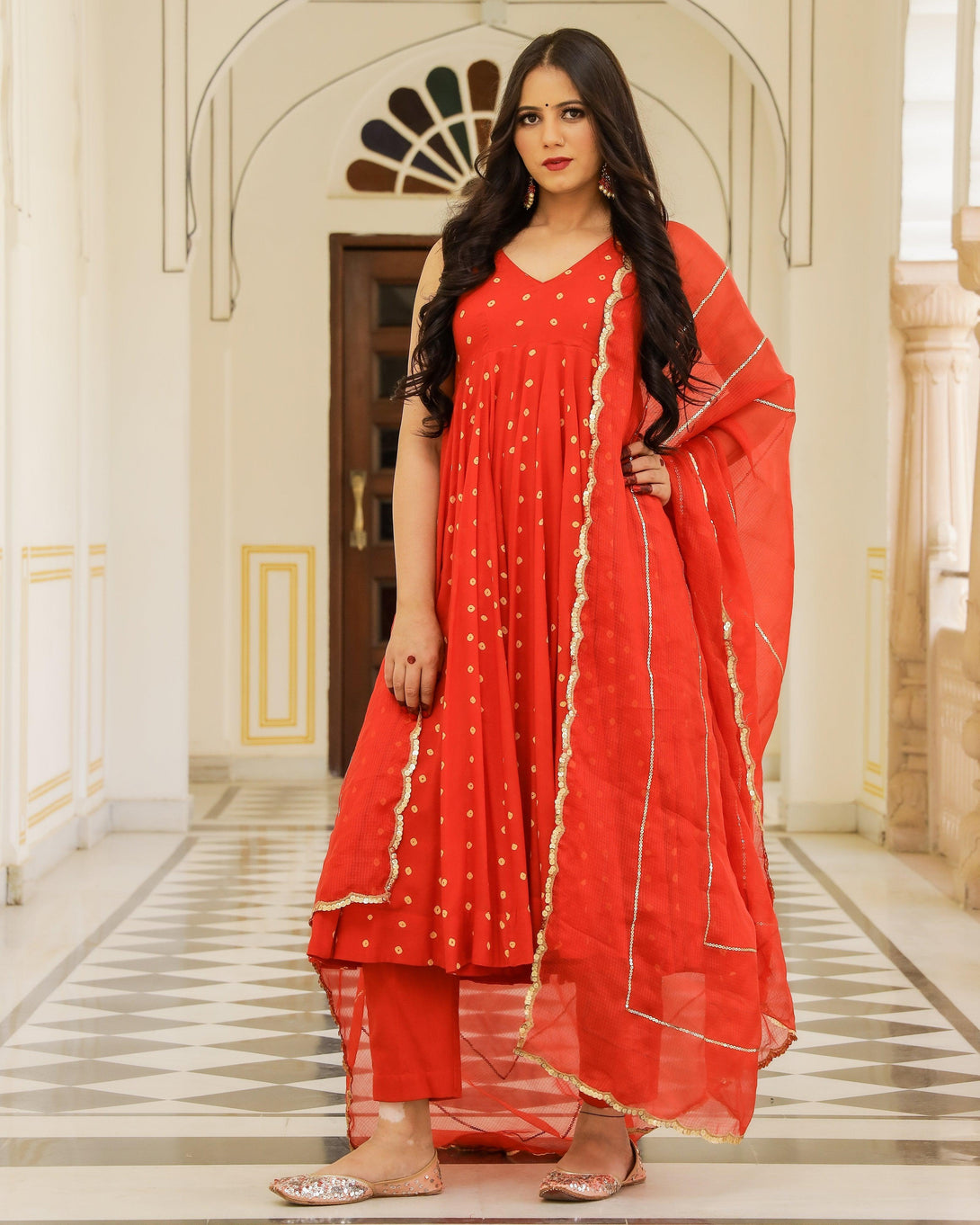 Women's Red Anarkali Suit set with Pants & Dupatta by Baisacrafts- (3pcs set) - Indiakreations