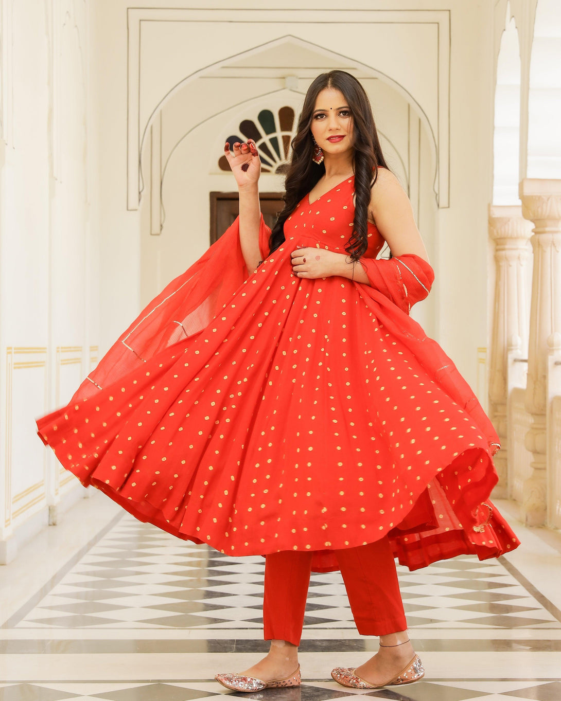 Women's Red Anarkali Suit set with Pants & Dupatta by Baisacrafts- (3pcs set) - Indiakreations