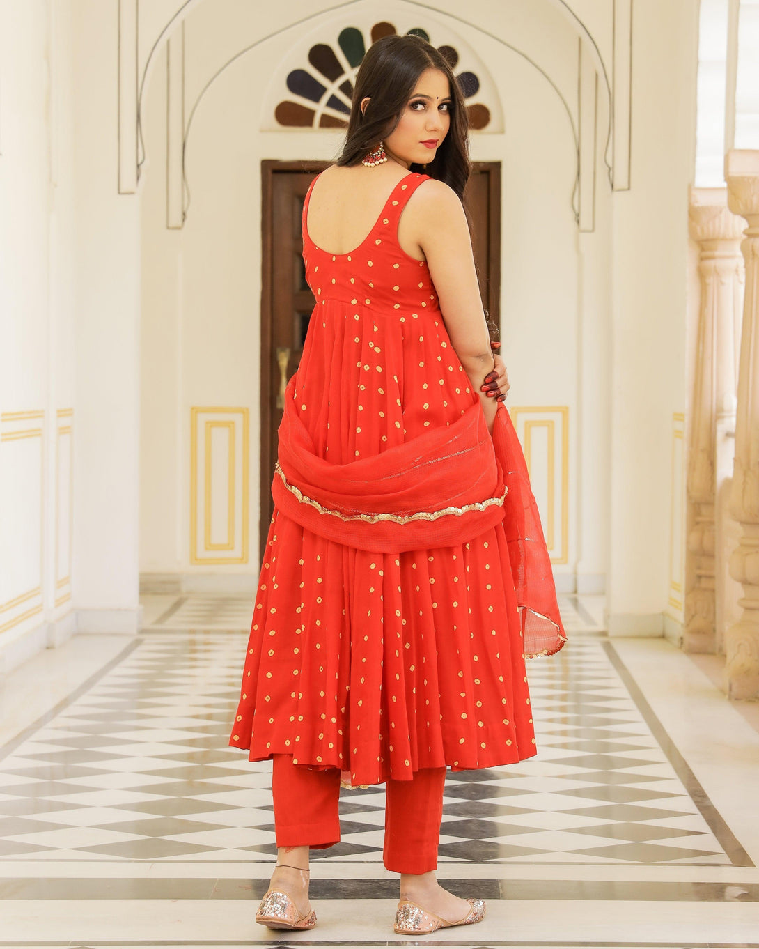 Women's Red Anarkali Suit set with Pants & Dupatta by Baisacrafts- (3pcs set) - Indiakreations