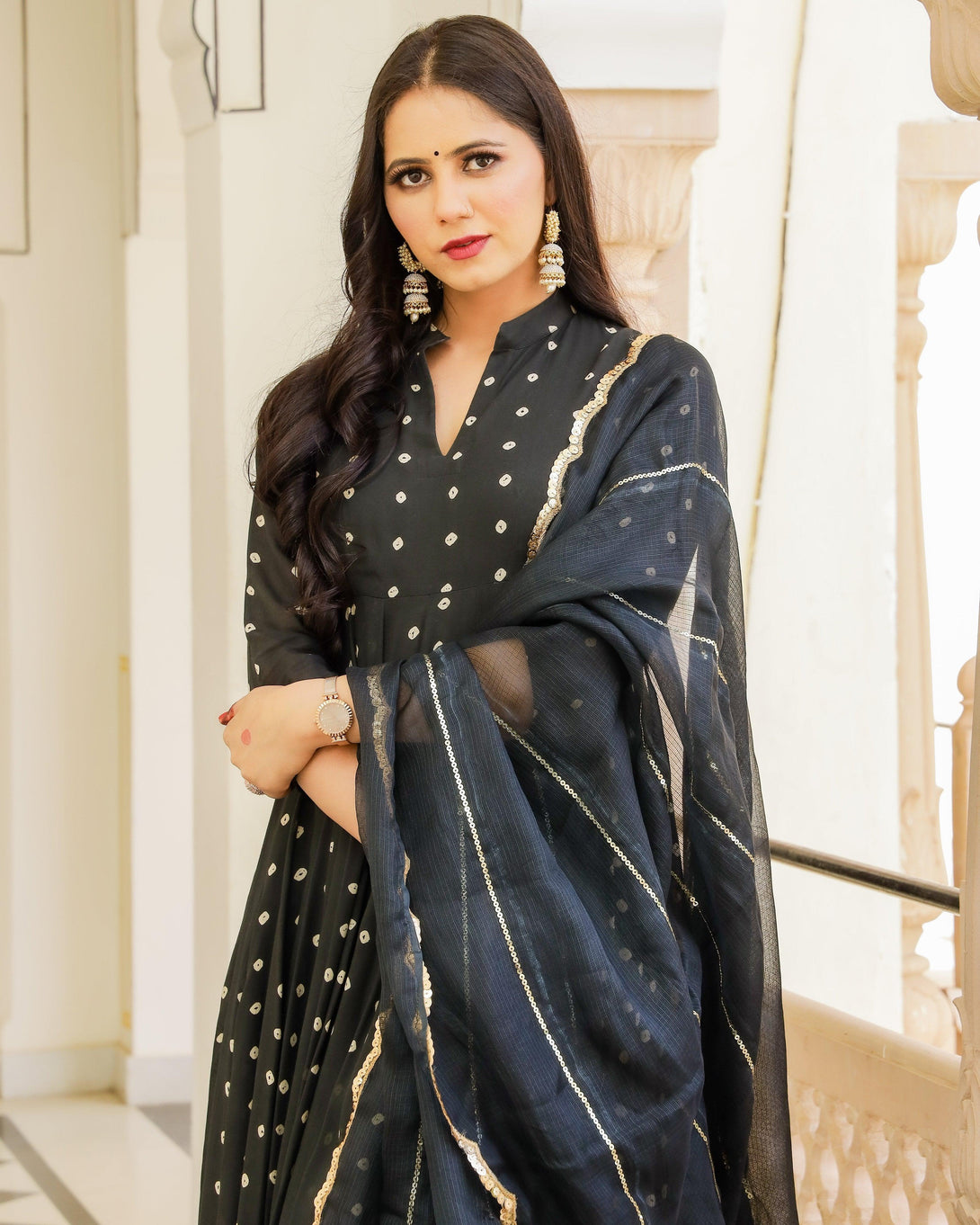 Women's Black Bandhej Modal Anarkali Kurta Pant Dupatta Set - Baisacrafts - Indiakreations