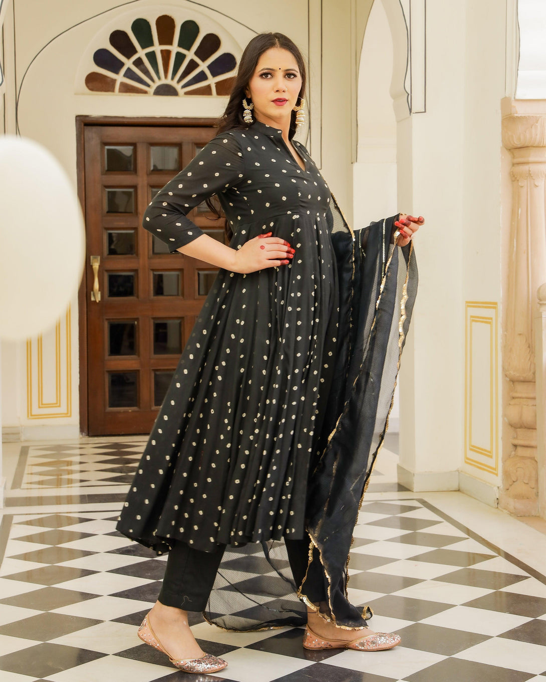 Women's Black Bandhej Modal Anarkali Kurta Pant Dupatta Set - Baisacrafts - Indiakreations