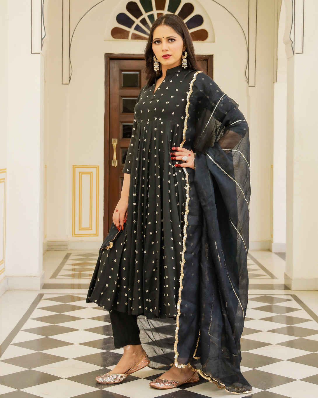 Women's Black Bandhej Modal Anarkali Kurta Pant Dupatta Set - Baisacrafts - Indiakreations