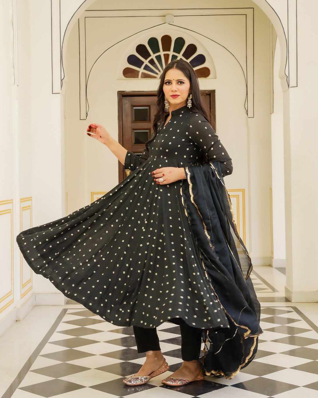 Women's Black Bandhej Modal Anarkali Kurta Pant Dupatta Set - Baisacrafts - Indiakreations