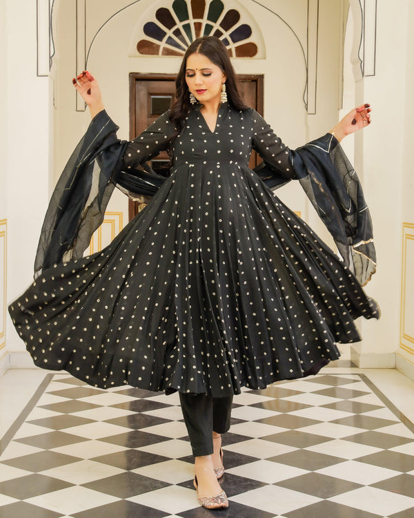 Women's Black Bandhej Modal Anarkali Kurta Pant Dupatta Set - Baisacrafts - Indiakreations