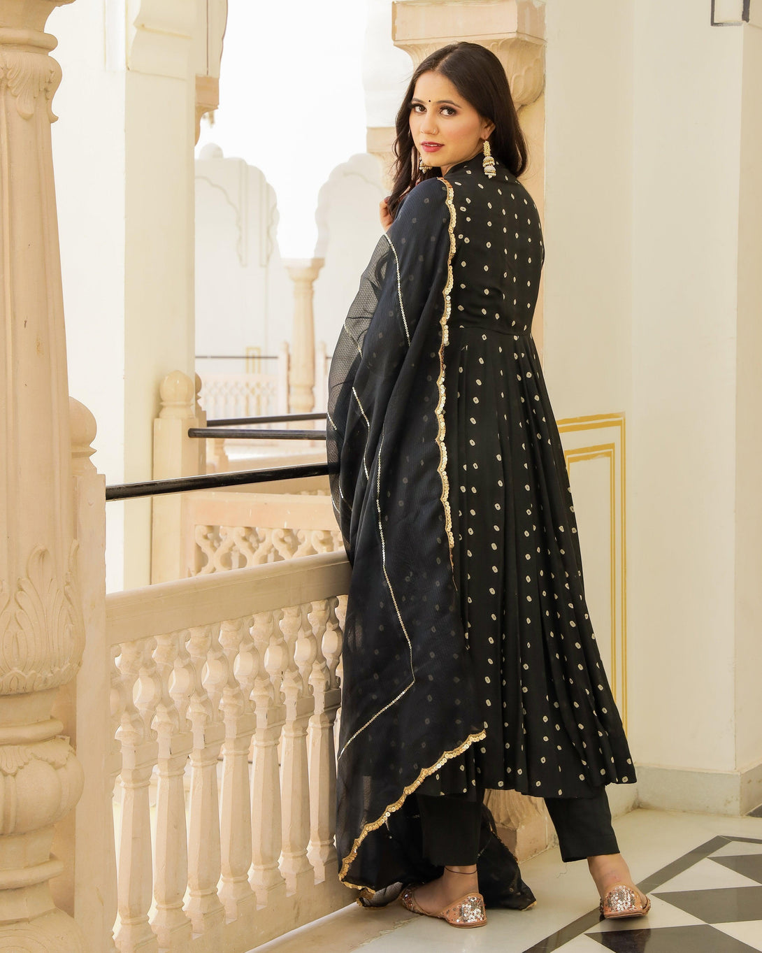 Women's Black Bandhej Modal Anarkali Kurta Pant Dupatta Set - Baisacrafts - Indiakreations