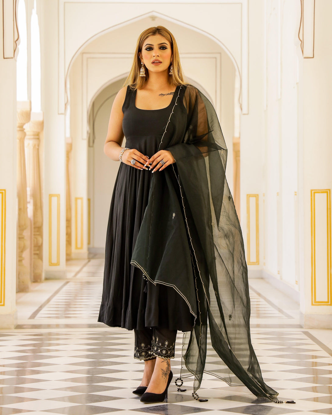 Women Black Anarkali Kurta with Pant & Dupatta Set by Baisacrafts (3pcs Set) - Indiakreations