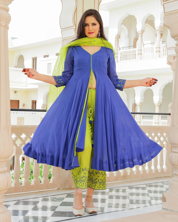 Women's Blue-Green Anarkali Suit set with Pants & Dupatta by Baisacrafts- (3pcs set) - Indiakreations