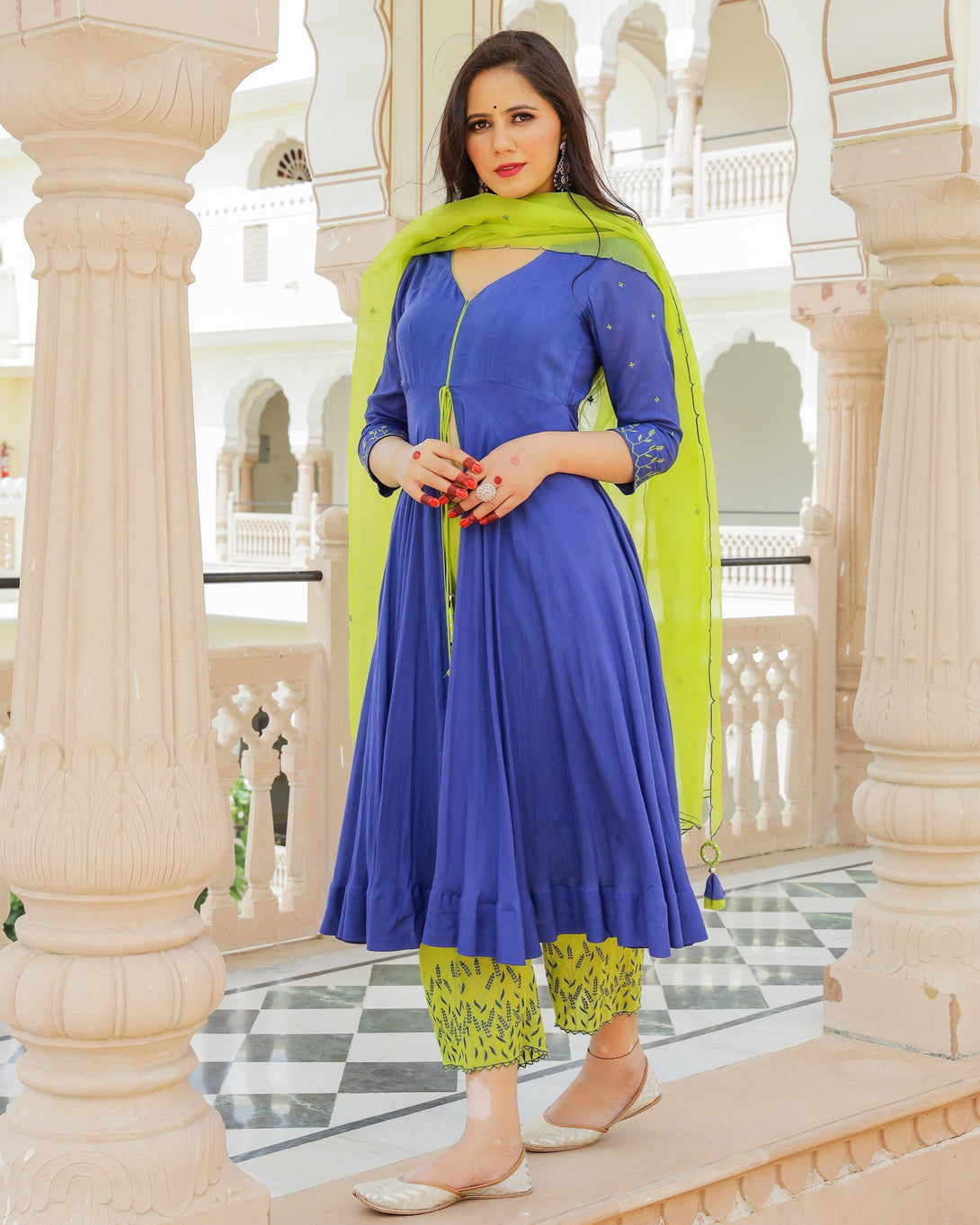 Women's Blue-Green Anarkali Suit set with Pants & Dupatta by Baisacrafts- (3pcs set) - Indiakreations