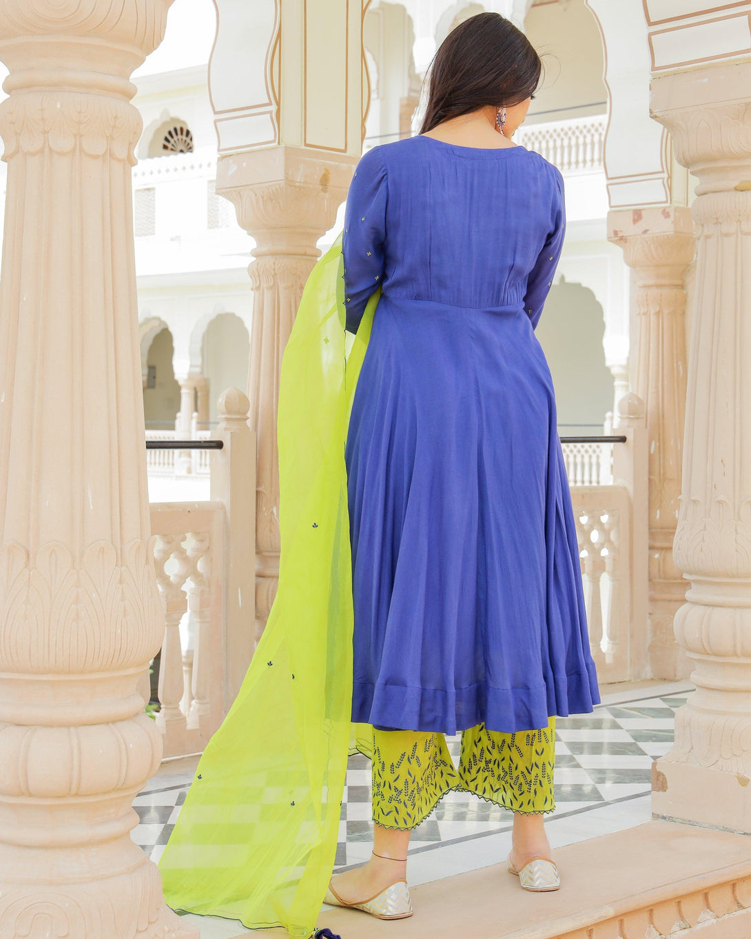 Women's Blue-Green Anarkali Suit set with Pants & Dupatta by Baisacrafts- (3pcs set) - Indiakreations