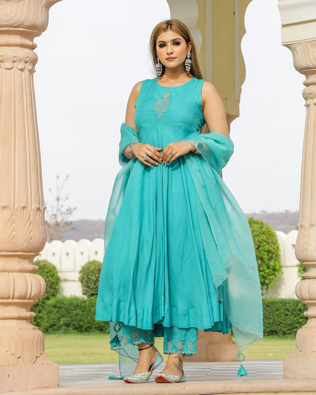 Women's Blue Anarkali suit set with Pants & Dupatta by Baisacrafts- (3pcs set) - Indiakreations