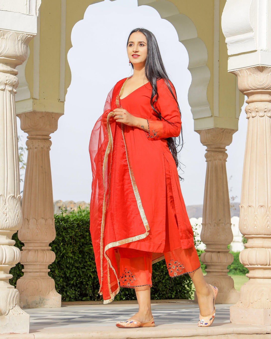 Women's Red Embroidery Modal Suit Set - Baisacrafts - Indiakreations