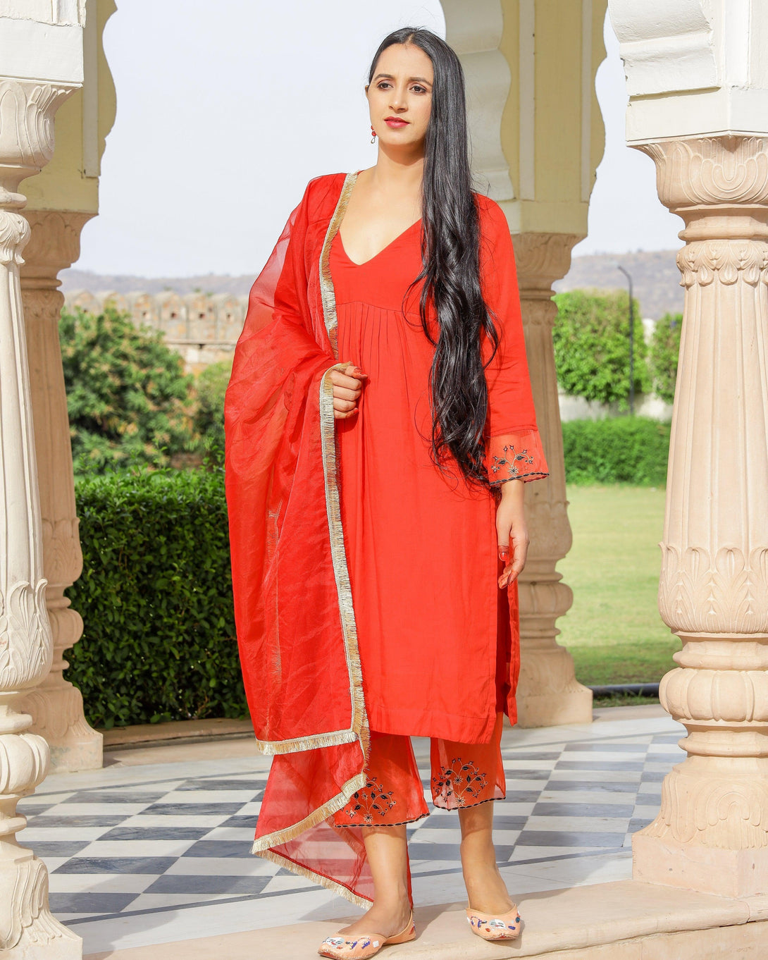 Women's Red Embroidery Modal Suit Set - Baisacrafts - Indiakreations