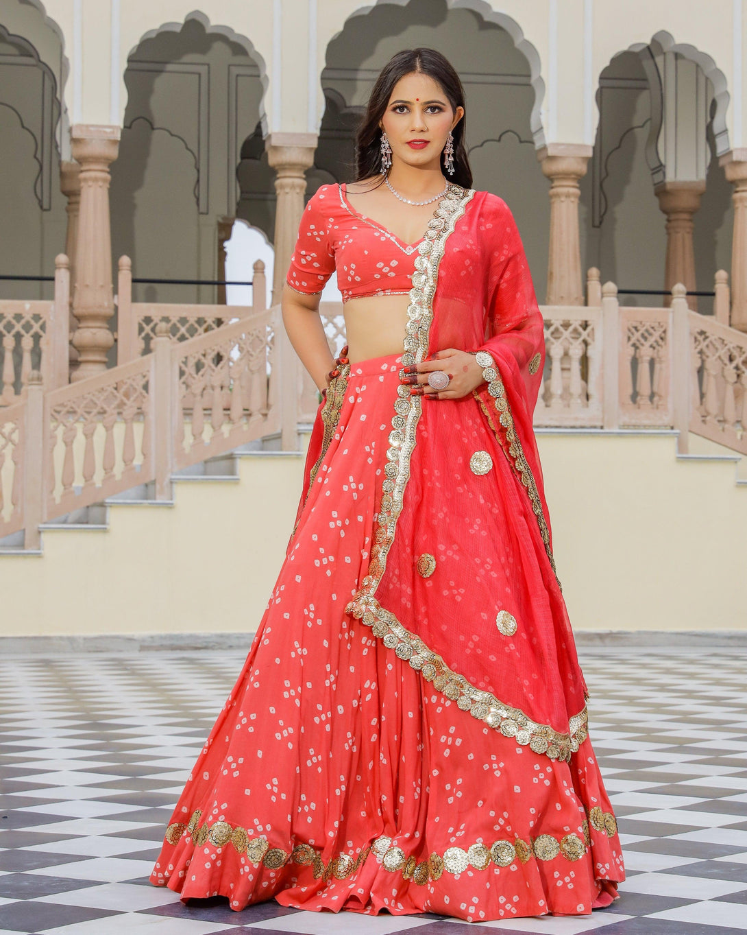 Women Coral Jaipuri Print Lehenga Set by Baisacrafts (3 Pc Set) - Indiakreations