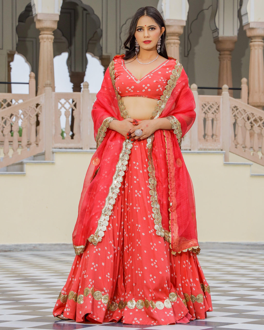 Women Coral Jaipuri Print Lehenga Set by Baisacrafts (3 Pc Set) - Indiakreations