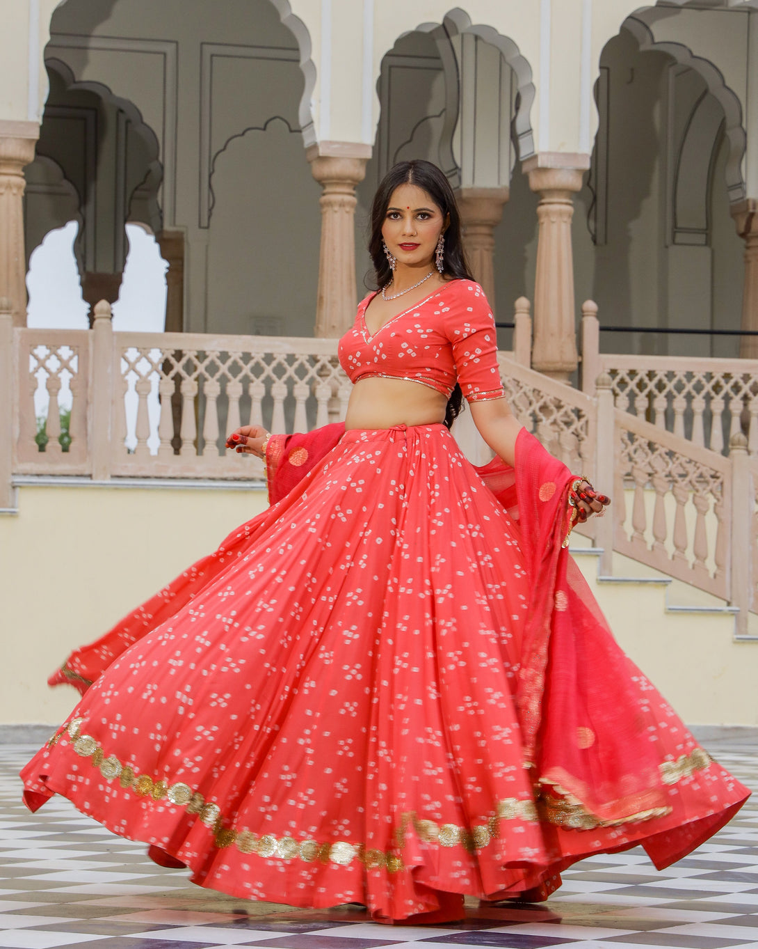 Women Coral Jaipuri Print Lehenga Set by Baisacrafts (3 Pc Set) - Indiakreations