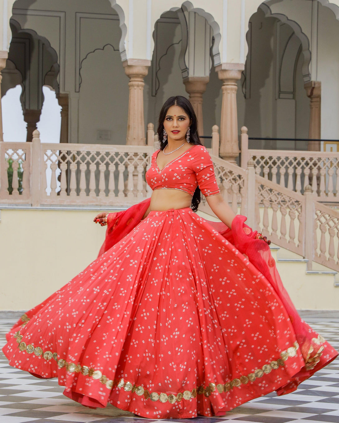 Women Coral Jaipuri Print Lehenga Set by Baisacrafts (3 Pc Set) - Indiakreations