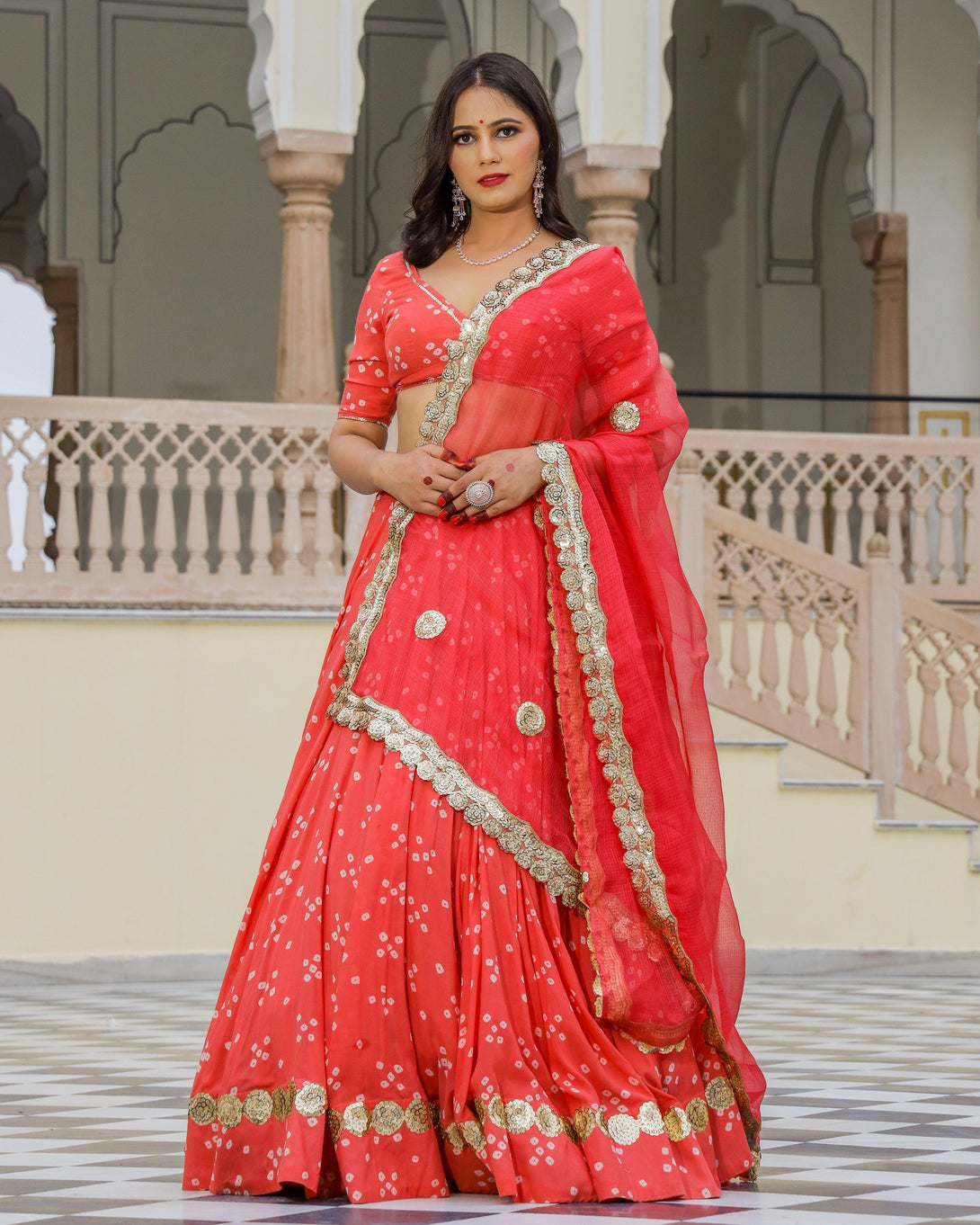 Women Coral Jaipuri Print Lehenga Set by Baisacrafts (3 Pc Set) - Indiakreations