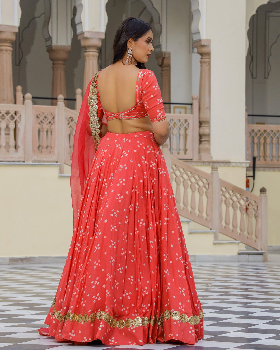 Women Coral Jaipuri Print Lehenga Set by Baisacrafts (3 Pc Set) - Indiakreations