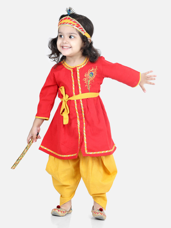 Girl's Red Color Cotton Embroidery Radha Top Dhoti with Mukut Sets - NOZ2TOZ KIDS