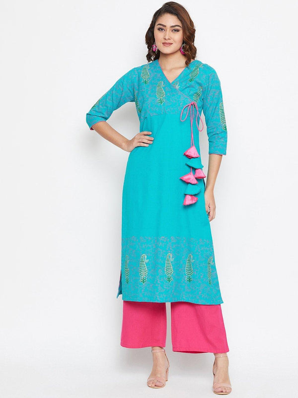 Women's Angrakha Block Printed Kurta Palazzo Set - BitterLime - Indiakreations