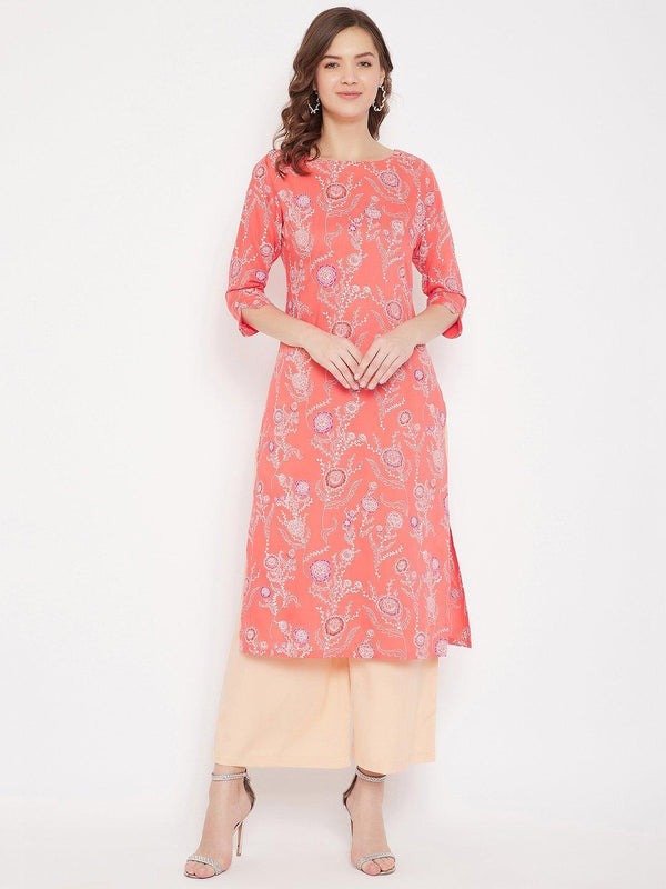 Women's Coral Red Printed Straight Kurta With Palazzo - BitterLime - Indiakreations