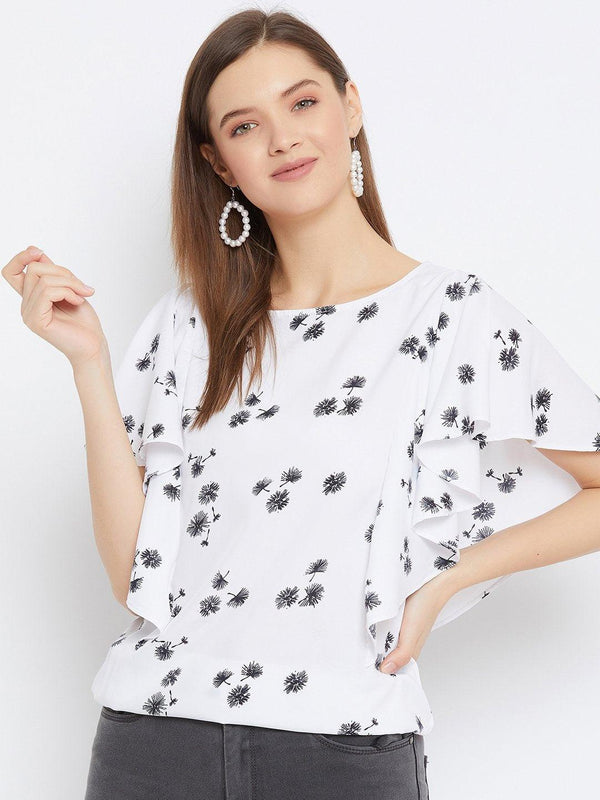 Women's White And Black Printed Ruffle Top - BitterLime - Indiakreations