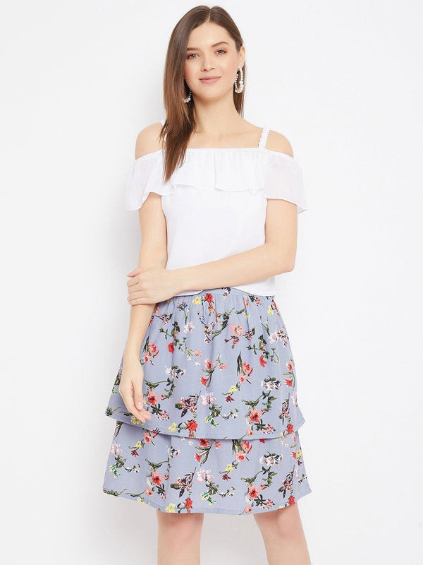 Women's Off Shoulder Top With Printed Layered Skirt - BitterLime - Indiakreations