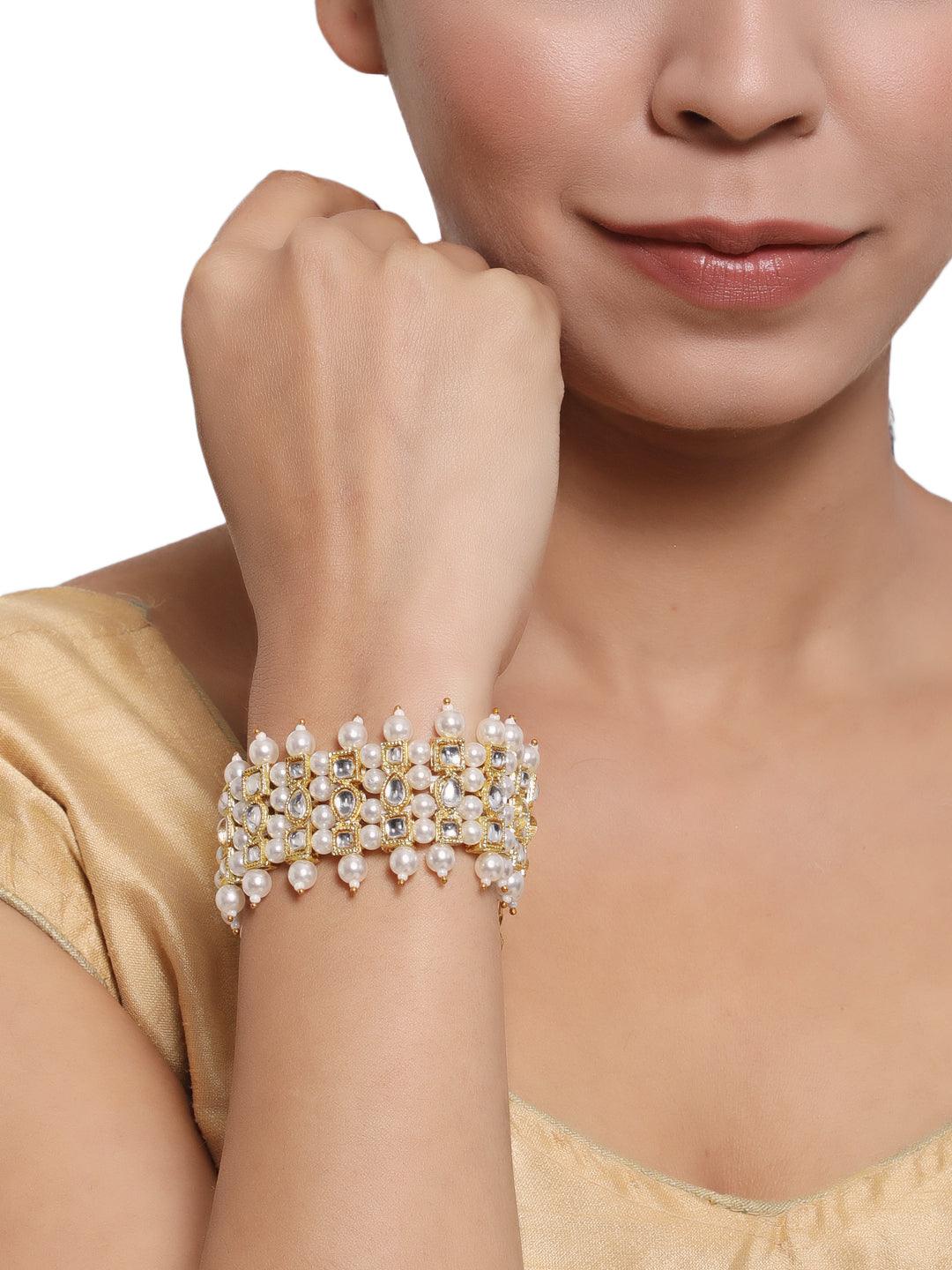 Women's Gold-Plated Pearl & Stone Studded Wraparound Bracelet - Jazz and Sizzle - Indiakreations