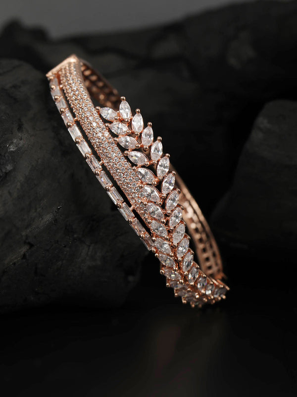 Women's American Diamond Leaf Shaped Rose Gold Plated Bracelet - Priyaasi
