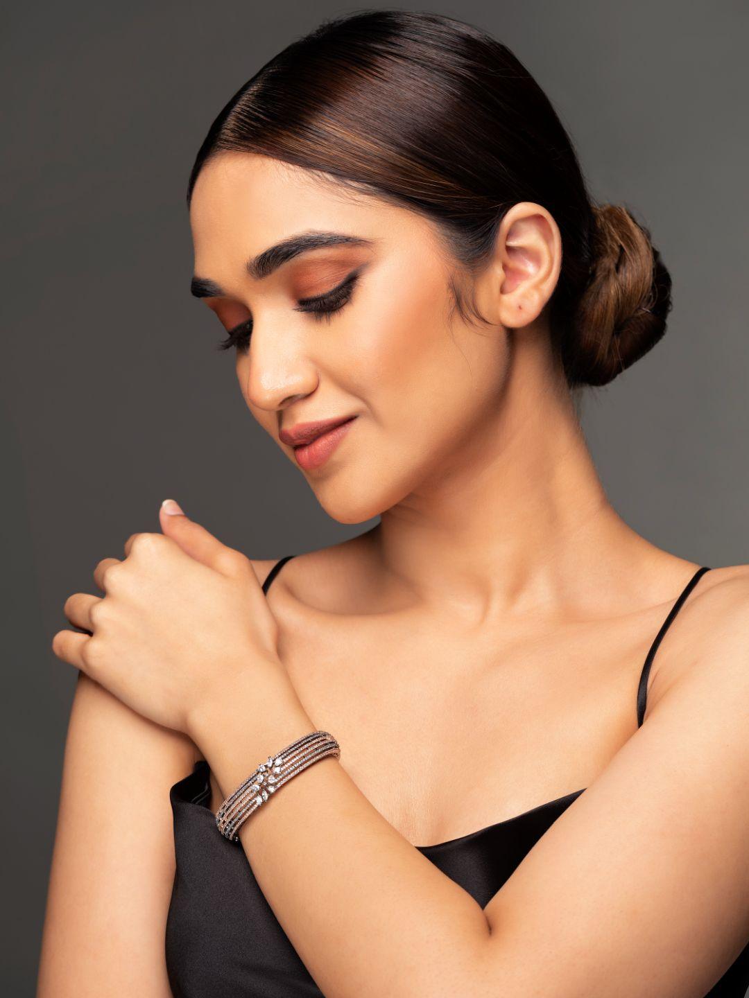 Women's Rose Gold American Diamond Gun Metal Plated Bangle Style Bracelet - Priyaasi - Indiakreations