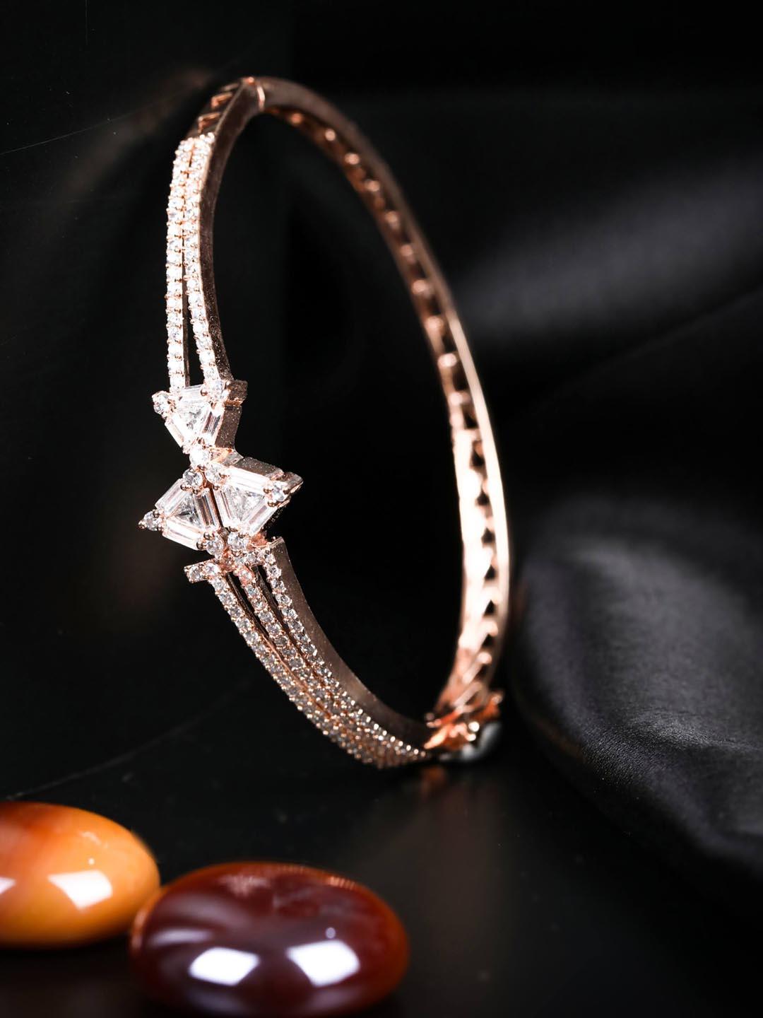 Women's American Diamond Rose Gold Plated Floral Bangle Style Bracelet - Priyaasi - Indiakreations