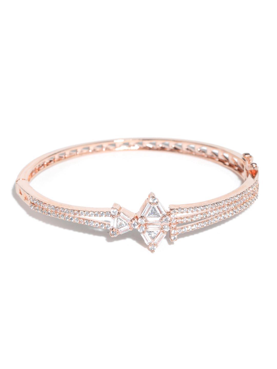 Women's American Diamond Rose Gold Plated Floral Bangle Style Bracelet - Priyaasi - Indiakreations