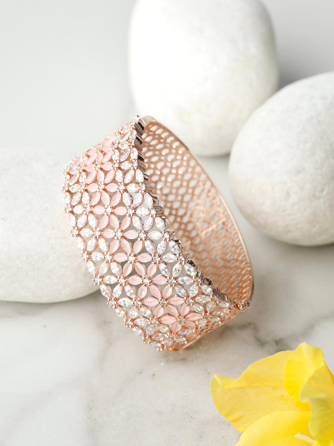 Women's Pink American Diamond Rose Gold Floral Bracelet- Priyaasi - Indiakreations