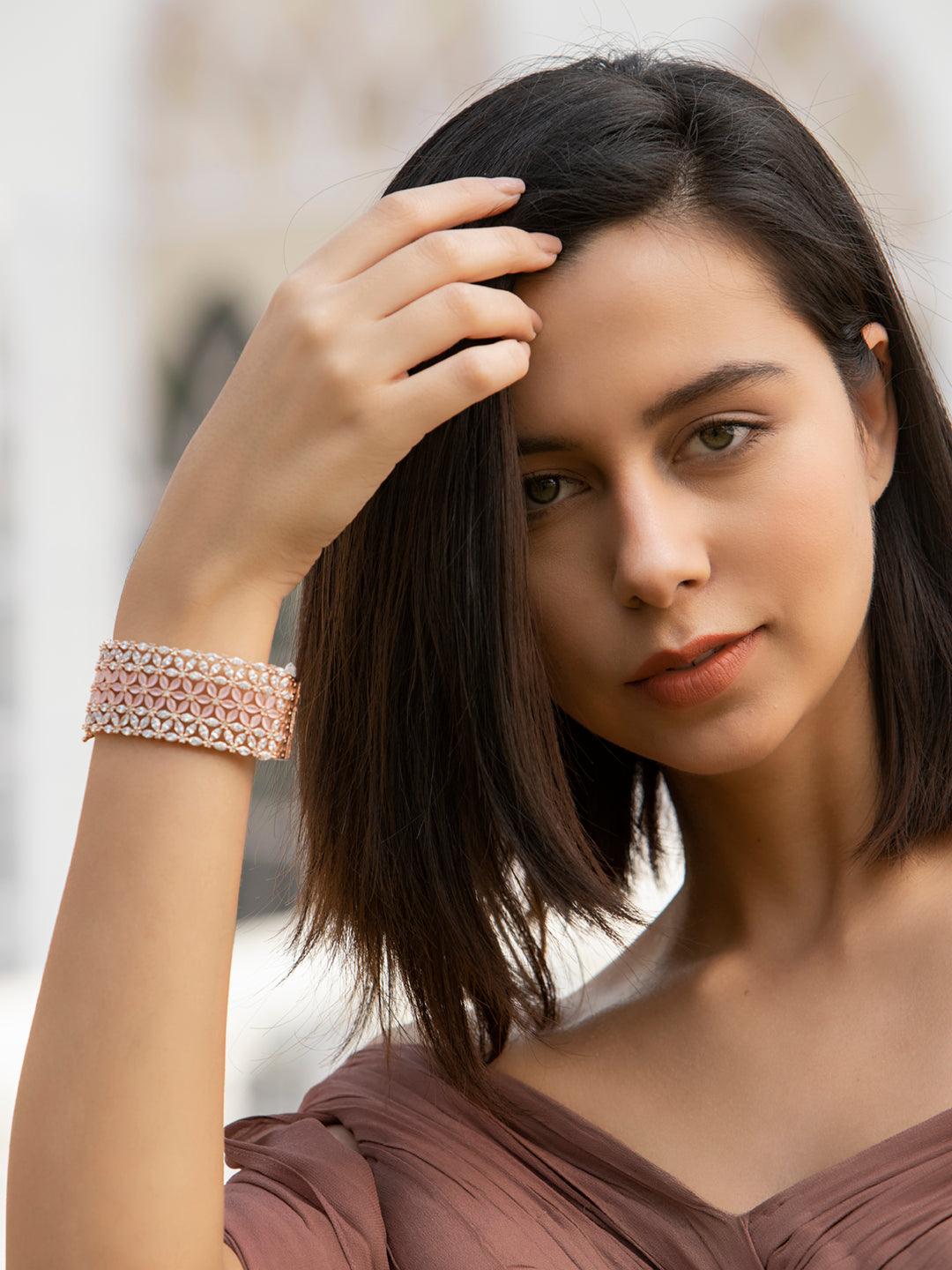 Women's Pink American Diamond Rose Gold Floral Bracelet- Priyaasi - Indiakreations