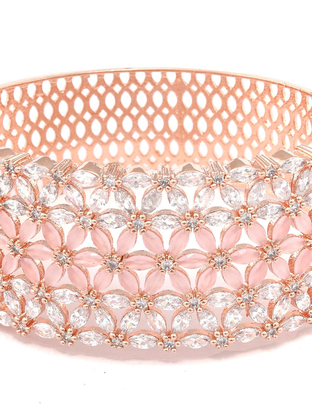 Women's Pink American Diamond Rose Gold Floral Bracelet- Priyaasi - Indiakreations