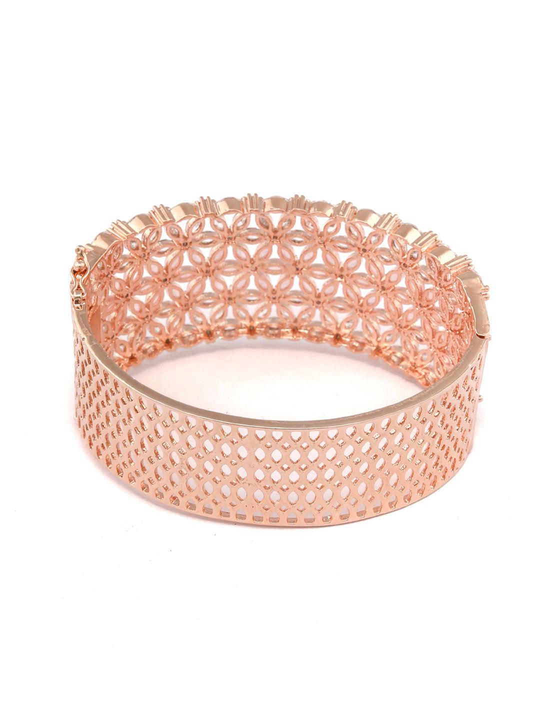 Women's Pink American Diamond Rose Gold Floral Bracelet- Priyaasi - Indiakreations