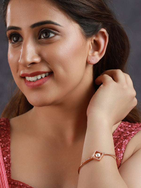 Women's Geometric Studded Pearl Rose Gold Plated Bracelet - Priyaasi