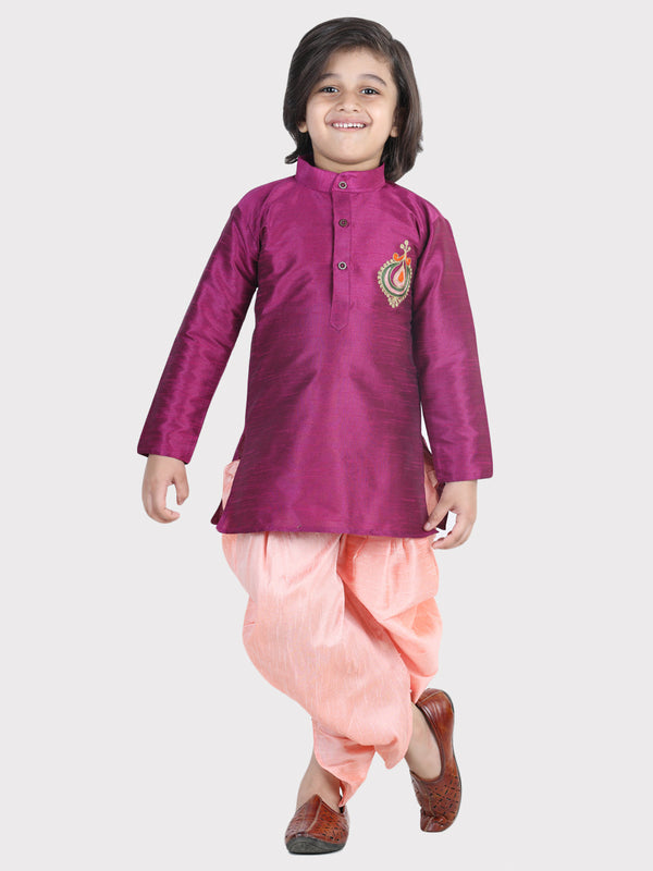 Boy's Purple Color Hand Embroidered Silk Dhoti Kurta  - NOZ2TOZ KIDS