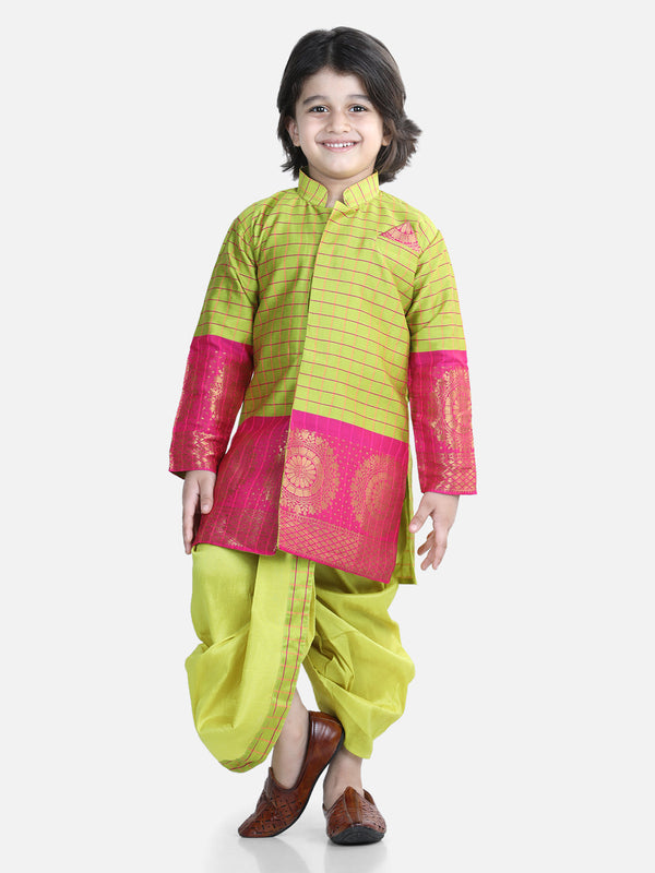 Boy's Yellow Color Full Sleeve Silk Border Dhoti Kurta  - NOZ2TOZ KIDS