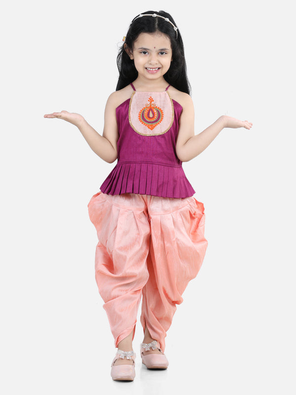 Girl's Purple Color Hand Embroidered Grecian Neck Top Dhoti  - NOZ2TOZ KIDS